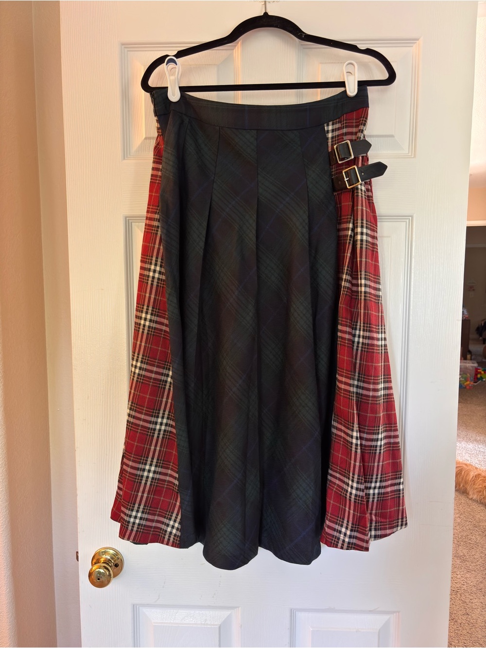 Cider Tartan Panel Midi Skirt in Dark Green & Red